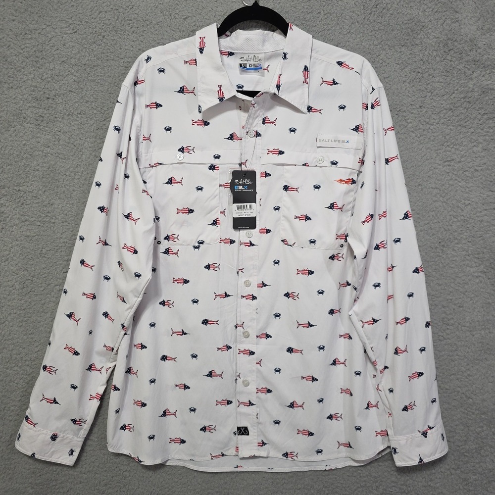 Salt Life SLX Performance Mens White‎ Long Sleeve Shirt Fish Flag Large NWT